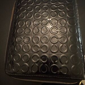 Embossed Black Leather coach planner or iPad mini full zip case ( a5 size)